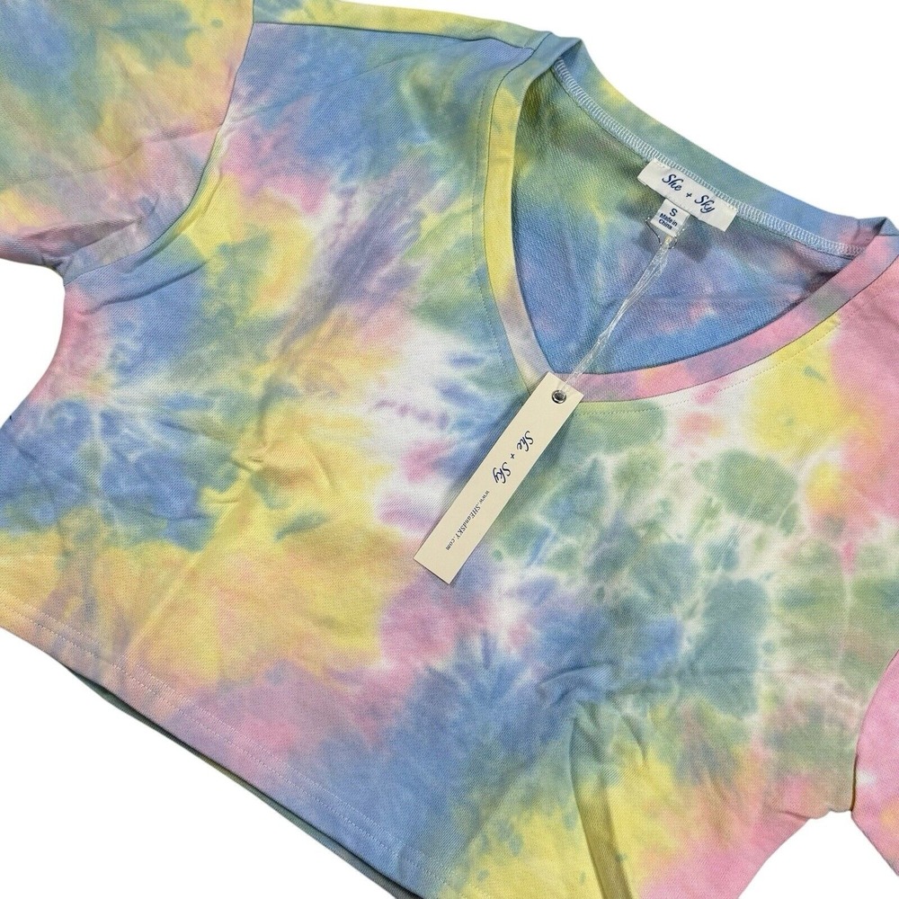 She and Sky Womens Pastel Tie Dye Short Sleeve Crop Top Sz M 80s 90s Festival